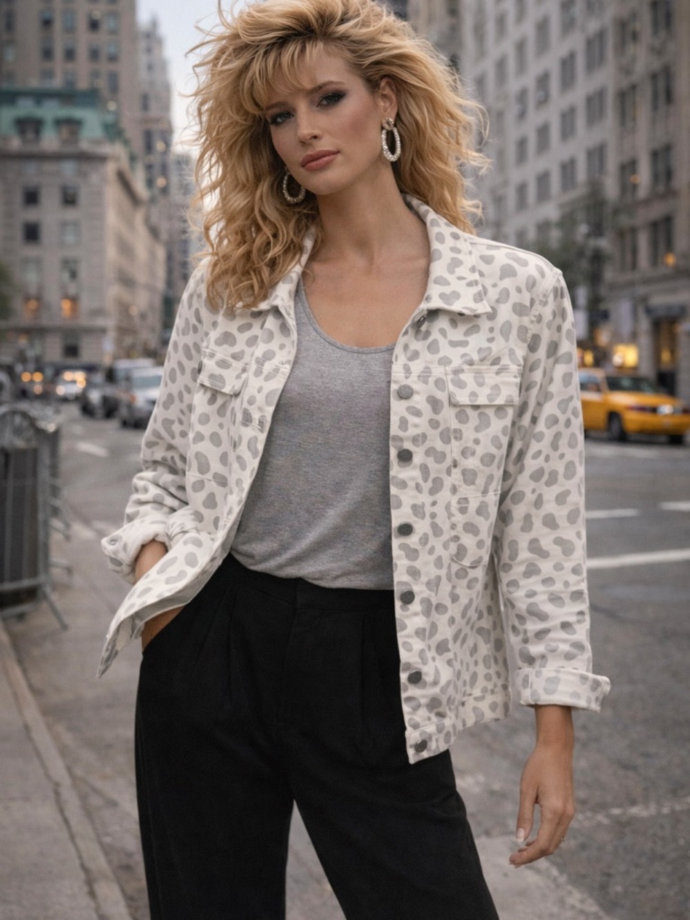Polagram White and Light Gray Leopard Print Jean Jacket